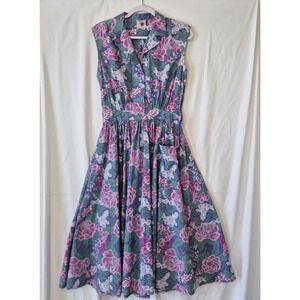 Vintage Laura Ashley Womens Pink Purple Floral Cotton Fit & Flare Dress US 12
